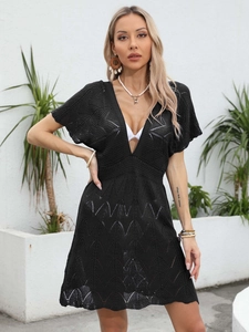 Women Sexy Deep V Neck Crochet Beach Cover Up Dress Hollow Out Backless Knitted Swimsuit Coverup Short Sleeve Mini Dress