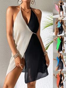 Women Halter Backless Crochet Beach Cover Up Dress Sexy Color Block Irregular Hem Summer Vacation Mini Knit Dress