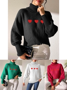 Women Turtleneck Sweater With Heart Embroidery Long Sleeve Batwing Knitwear Casual Loose Pullover Warm Winter Fashion Top