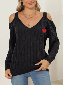 Women's black off-shoulder V-neck cable knit sweater with red heart patch embroidery