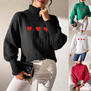 Women's turtleneck sweater with red heart embroidery detail and ribbed cuffs in four colors