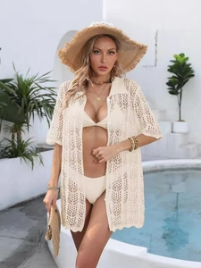 Women's ivory crochet lace beach cover-up cardigan with polo collar and buttons
