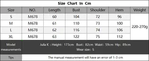 Detailed women size chart for lace V-neck sweater M678 with bust and length measurements