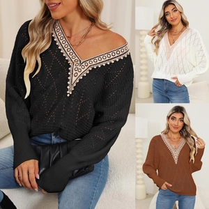 Close-up of elegant V-neck lace crochet trim and textured knit fabric on ladies sweater