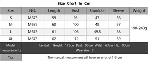 Detailed size chart for lace patchwork V-neck sweater showing dimensions and model measurements