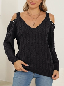 Women's off-shoulder V-neck black cable knit sweater with white pearl accents on shoulders