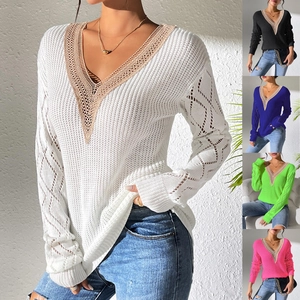 Detailed close-up of V-neck lace patchwork and diamond hollow knit texture on long sleeve top