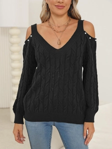 Women's black off-shoulder V-neck cable knit sweater with white pearl accents on sleeves