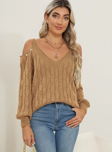 Women's V-neck khaki cable knit sweater with cold-shoulder cutout and pearl details