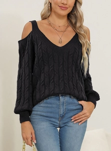 Women's black off-shoulder cable knit sweater with deep V-neck and casual loose fit style