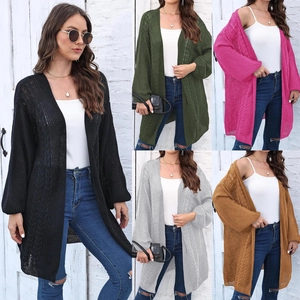 Detail of cable knit patterns and various color options for women's long cardigans