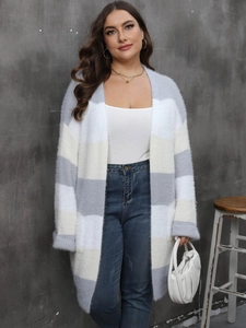 Women's long striped fuzzy cardigan with grey and beige panels in soft knit fabric