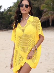Tunique de plage jaune ajourée avec col polo et maille filet pour femmes