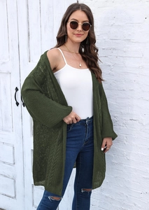 Detail of olive green cable knit texture on women's long sleeve open cardigan