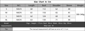 Size chart in cm for knit sweater M674 with measurements for S to XL and model info