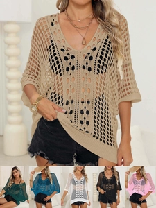Women Crochet Hollow Out Bikini Cover Up V Neck Batwing Sleeve Loose Mesh Knit Beachwear Swimsuit Smock Top