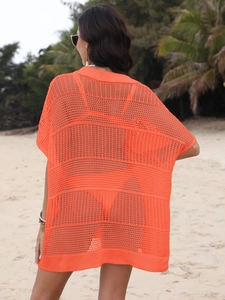 Cache-maillot de plage crocheté orange vif avec motif en maille filet et coupe ample polo