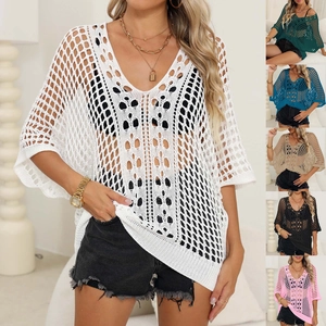 Detail of V-neck hollow out knit beach cover up showing multi-color options and texture