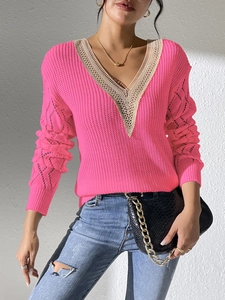 Hot pink V-neck long sleeve sweater for women with lace trim and hollow knit texture