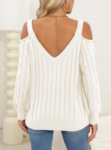 Detailed back view of white off-shoulder knit sweater with pearls and V-neck cut