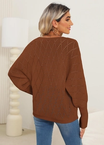 Close-up of brown openwork knit sweater showing detailed geometric lace texture