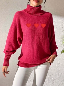Vibrant rose red turtleneck knit sweater with three red heart embroidery on front
