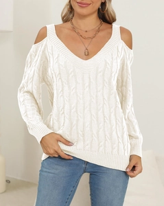 Detail of white cable-knit texture and cold-shoulder design on a V-neck sweater