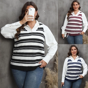 Detail view of V-neck striped knit vest layered over a white shirt in three classic colors