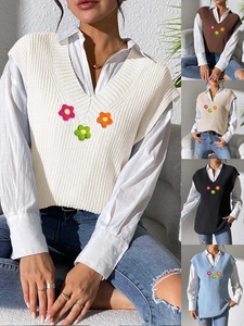 Gilet en Tricot pour Femmes Col en V Fleurs au Crochet Pull sans Manches Décontracté Streetwear Gilet Automne Printemps Haut