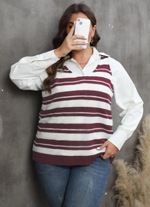 Detail of burgundy and white striped V-neck knit vest layered over a white shirt