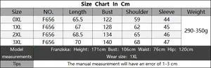 Detailed size chart for plus size color block plaid sweater with model measurements