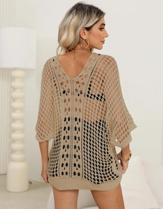 Back view of khaki hollow-out knit bikini cover-up with a deep V-neck and batwing sleeves