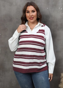 Detail of the V-neckline and burgundy striped knit texture on woman sweater vest