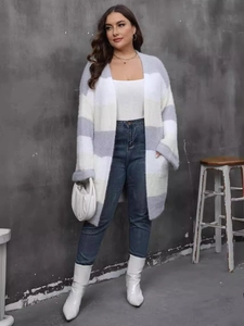 Women's long knit cardigan with grey and white stripes in soft mohair texture