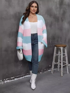 Women's plus size striped cardigan with pink and blue color-block knit and front pockets