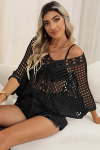 Close-up of black hollow crochet cover-up featuring batwing sleeves and V-neckline