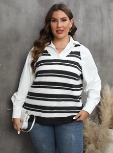 Women plus size casual knit vest with striped pattern layered over white shirt