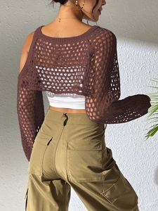 Women's dark brown crochet hollow out shrug knit long sleeve cover up for casual wear