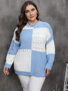 Plus Size Women's Contrast Color Plaid Knit Sweater Crew Neck Loose Pullover Long Sleeve Crochet Patchwork Winter Top