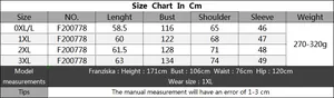 Detailed size chart in centimeters for women's plus size striped pullover sweater