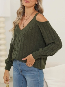 Detailed cable knit texture on a dark green cold-shoulder deep V-neck sweater