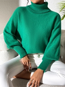 Green turtleneck knit sweater with ribbed cuffs and lantern sleeves for women