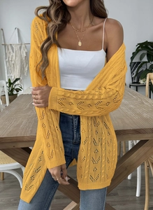 Close-up of yellow knit cardigan showing wavy hollow-out texture and soft fabric detail