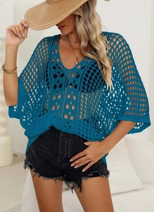 Detail of teal crochet bikini cover-up with hollow knit texture and batwing sleeves