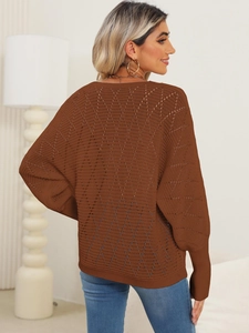 Women's brown hollow knit sweater with batwing sleeves and lace V-neck detail