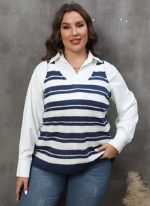 Front detail of women's blue and white striped knit vest paired with a white shirt