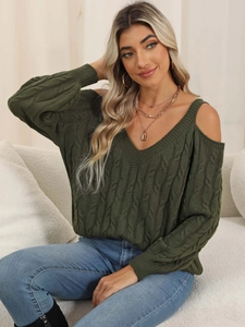 Detail of army green cable-knit sweater featuring deep V-neck and cold-shoulder design