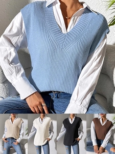 Women's Casual V-Neck Knitted Vest Sleeveless Ribbed Sweater Vest Loose Fit Solid Color Layering Knit Waistcoat Top