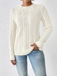 Women's white cable knit round neck sweater with slim fit and long sleeves