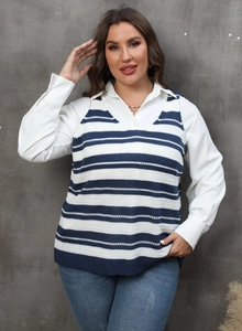 Detailed view of blue and white striped knit vest with a classic V-neck and soft texture
